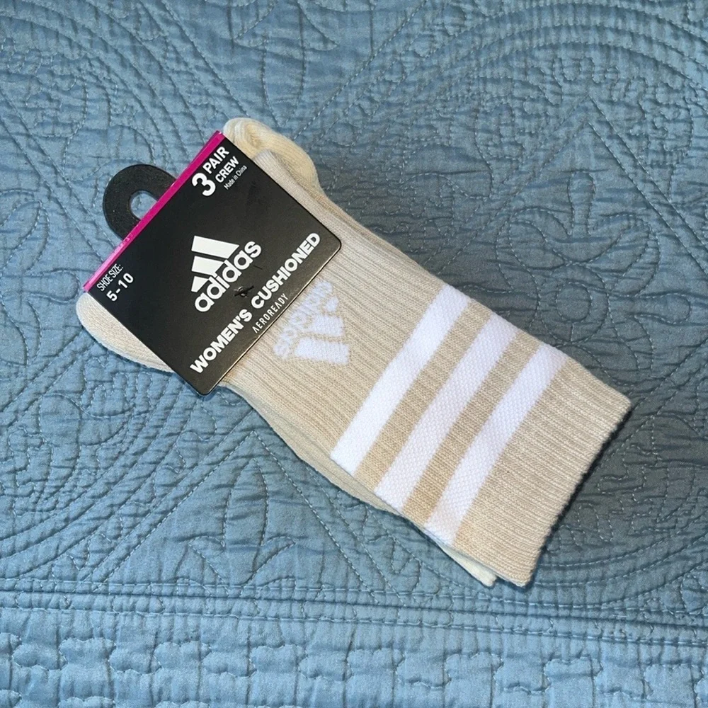 Adidas Crew Socks Cushioned 3 Pair Womens Beige Stripe‎ Size 5-10 Aeroready